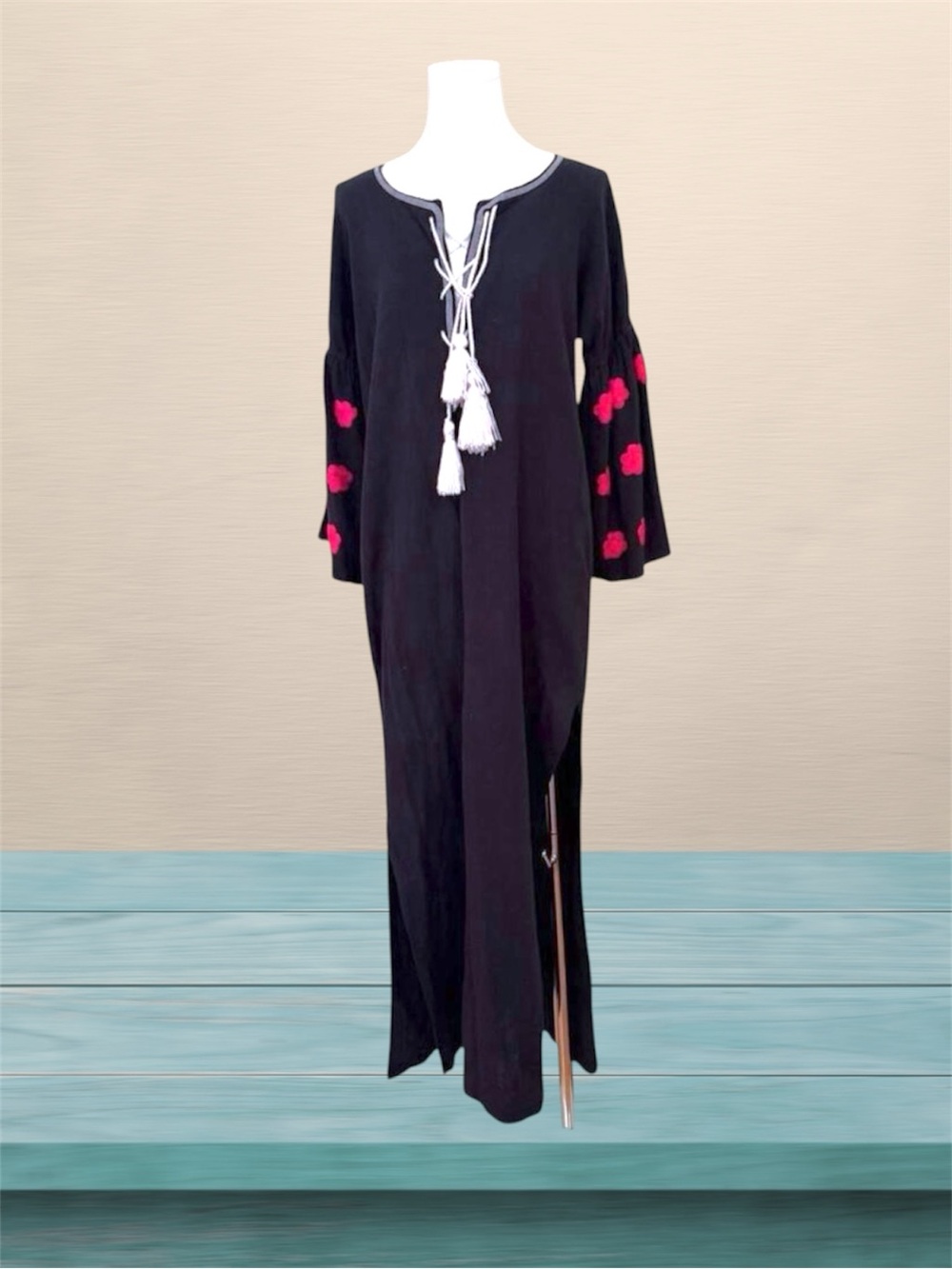 Sensi Studio NWOT Black Hand Embroidered Cotton Kaftan Maxi Resort Dress  L